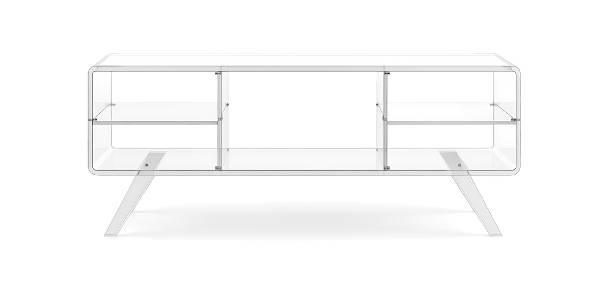Modern clear acrylic furniture featuring a minimalist console table design with open shelving.