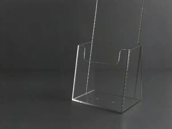 Clear custom acrylic retail display stand for brochures or signage.