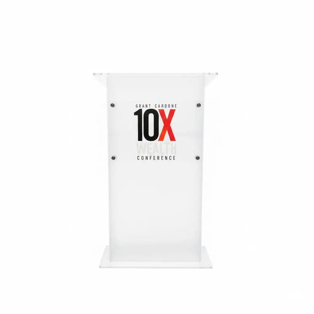 South Florida Acrylics clear acrylic podium with an interchangeable UV printed logo panel.