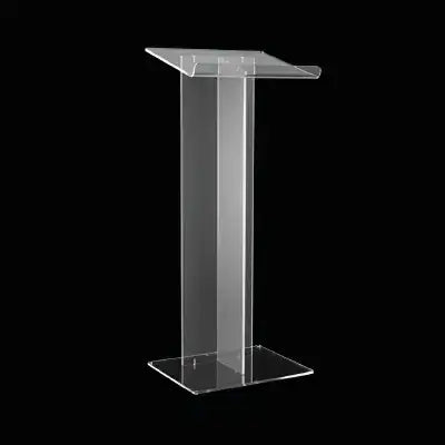 Minimalist clear acrylic podium AT06 lectern by South Florida Acrylics on a black background.