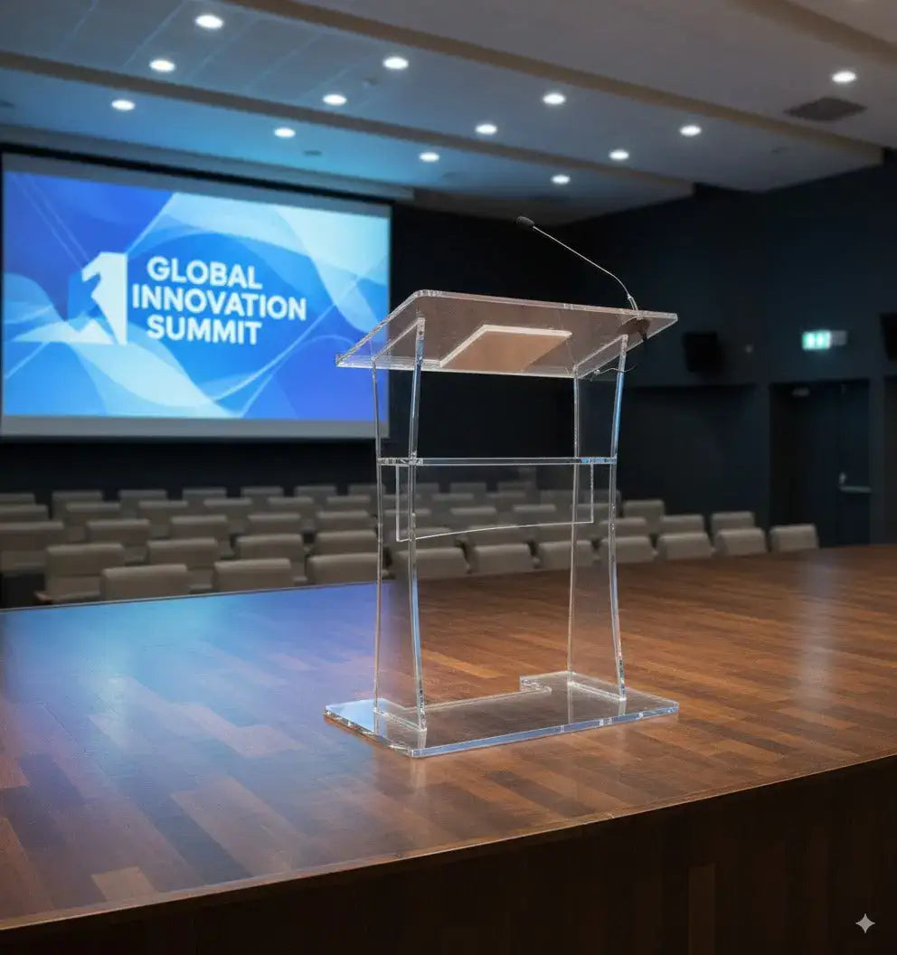 Clear angular acrylic podium on a wooden stage in a conference hall with a summit screen in the background.