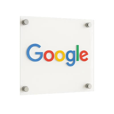 Clear acrylic sign with printed Google logo for modern signage applications
