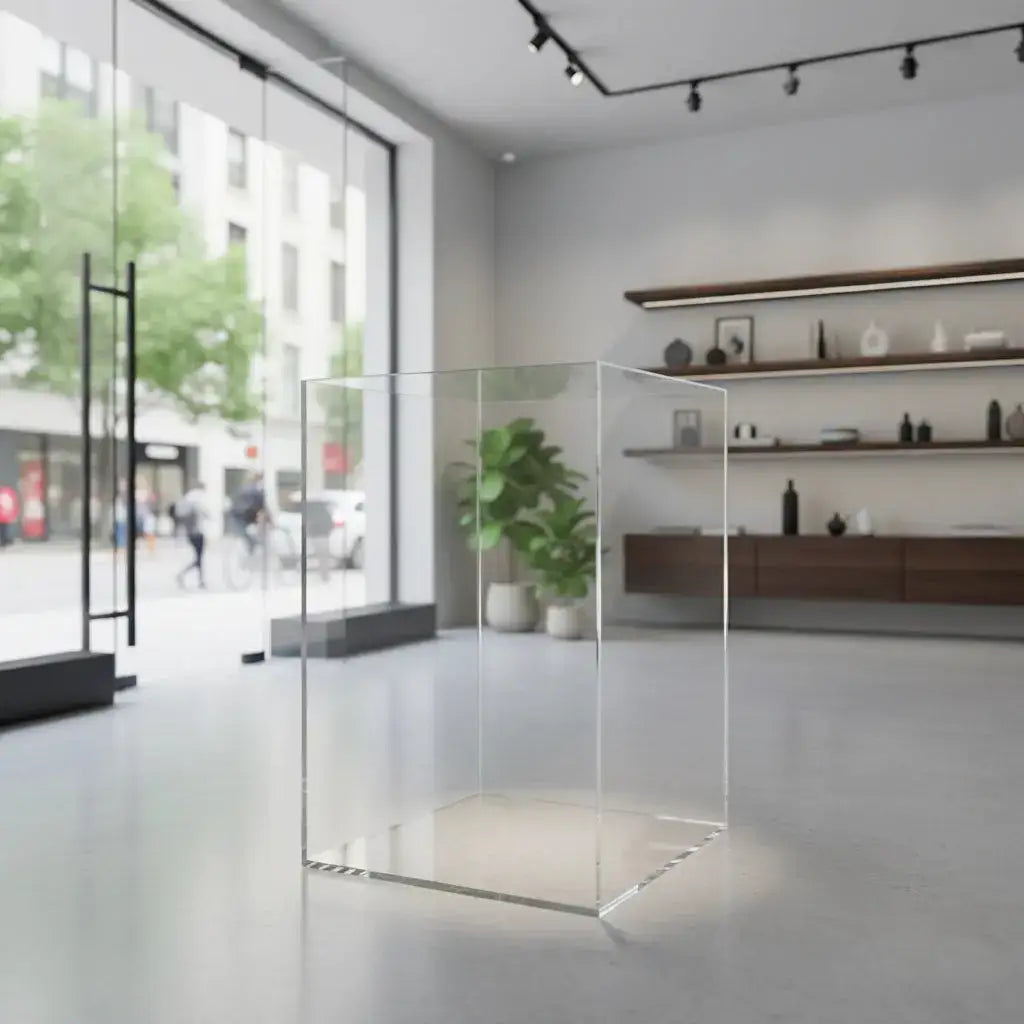 Clear acrylic pedestal display case in a modern minimalist retail setting.