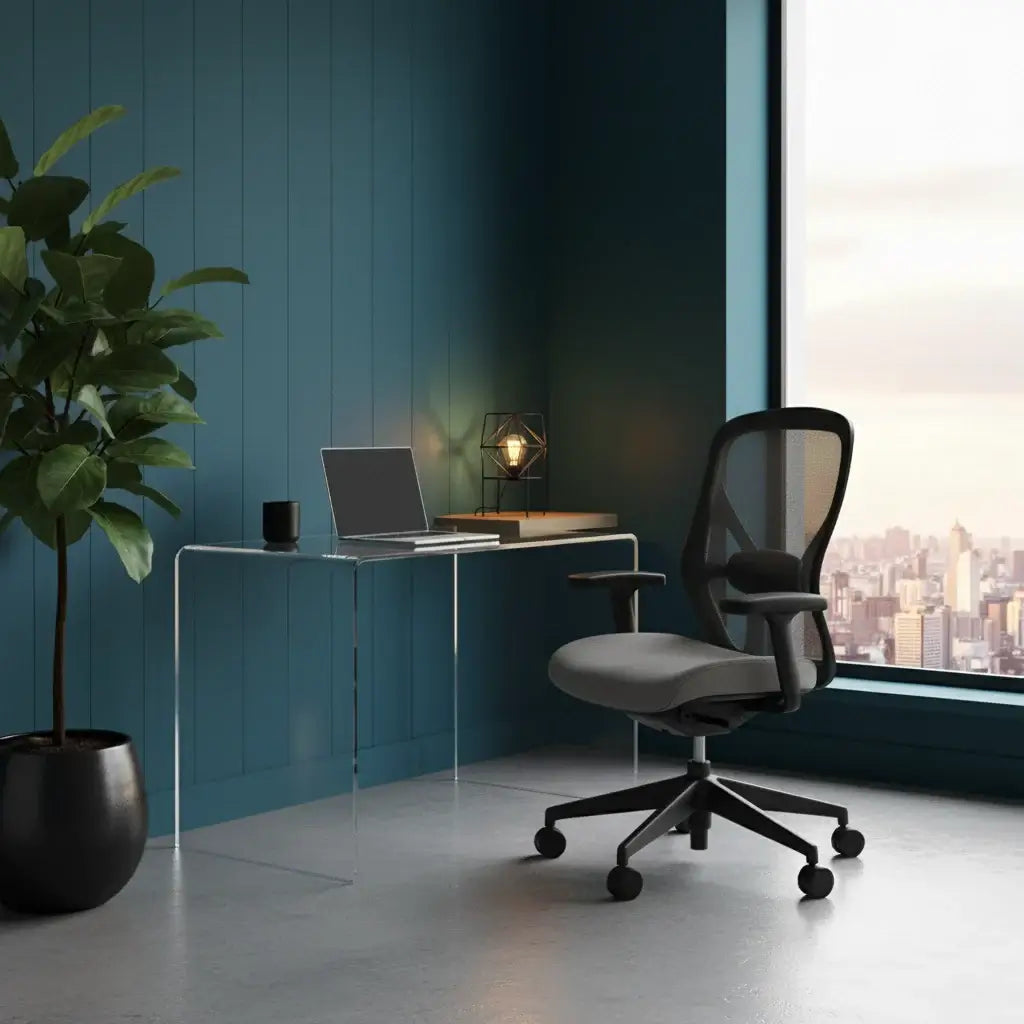 Clear Acrylic Waterfall Desk showcased in a modern workspace with a plant and ergonomic chair.