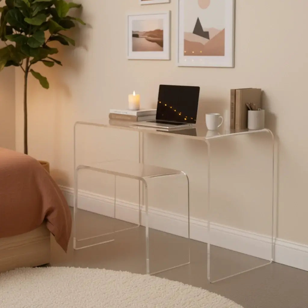 Clear acrylic waterfall vanity stool alongside a sleek acrylic desk in a modern bedroom setting.