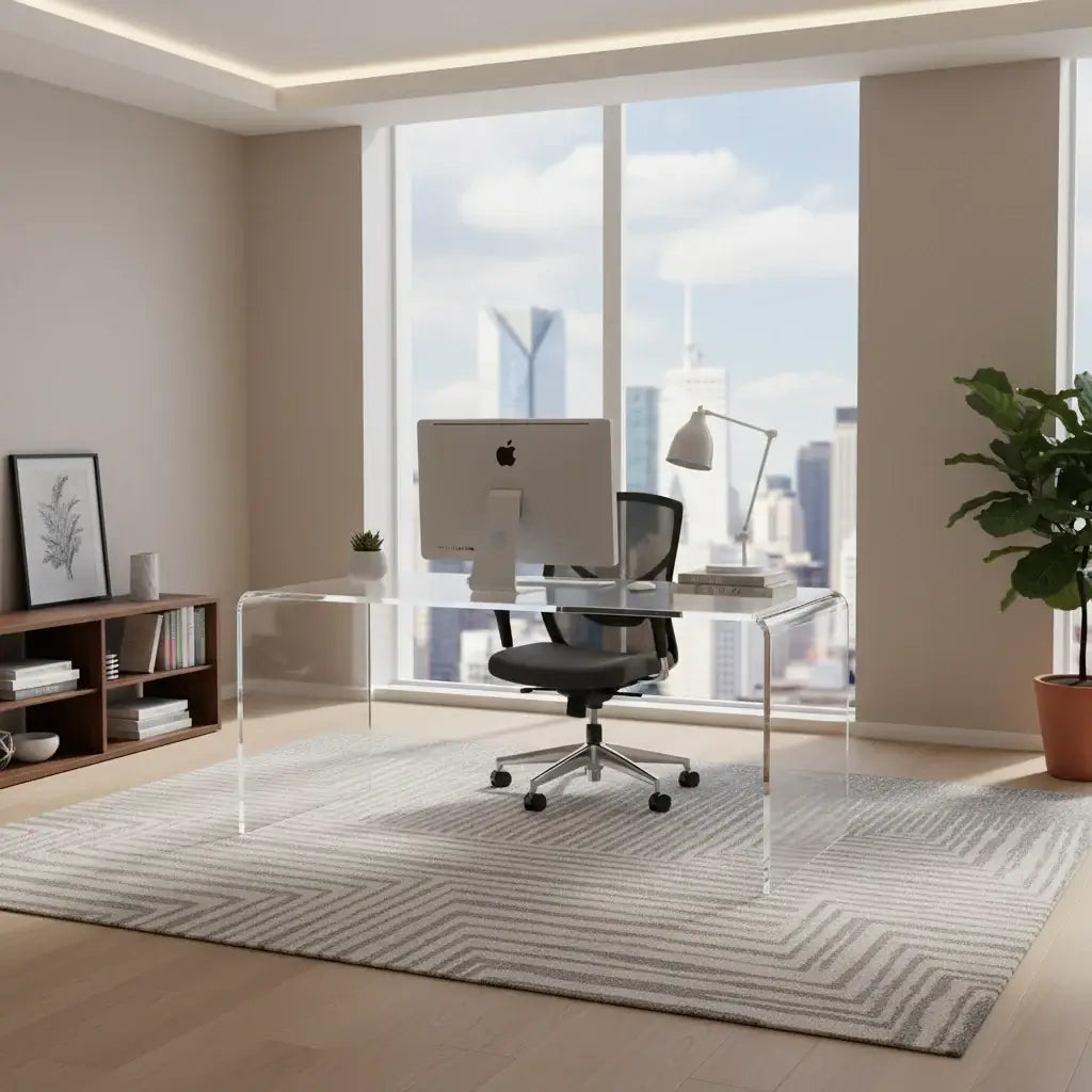 Clear acrylic waterfall vanity table in a modern office setting with city views.