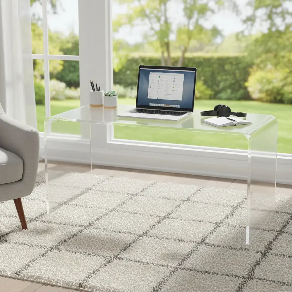 Clear acrylic waterfall vanity table in a bright home office setting with laptop and stationery.