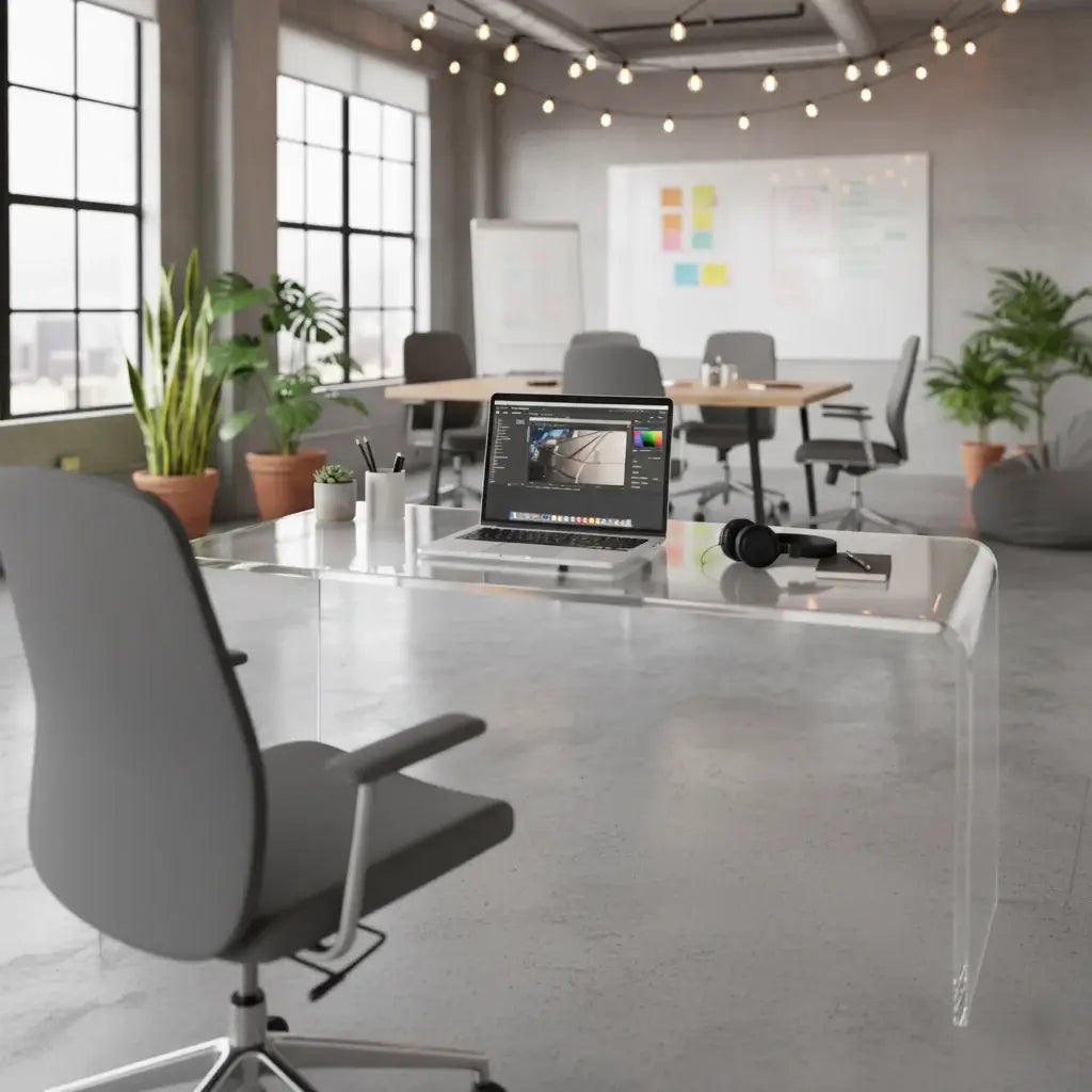 Clear Acrylic Waterfall Vanity Table in a modern office setting with plants and creative workspace.