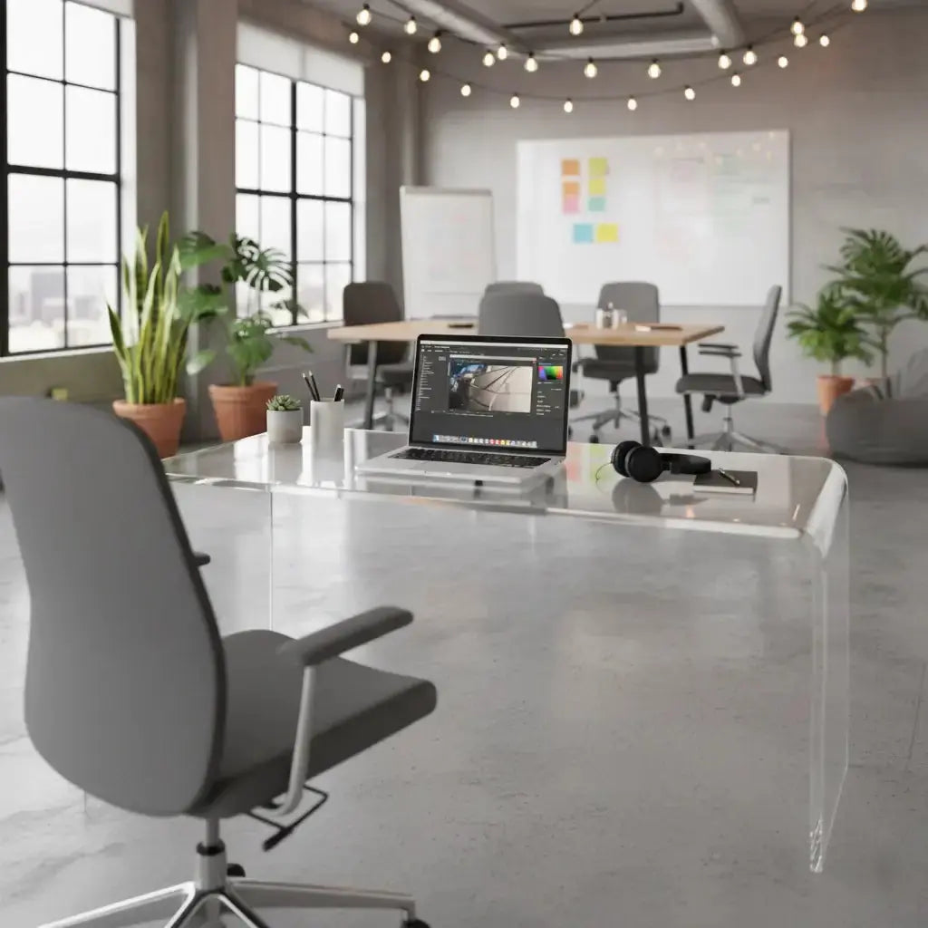 Clear Acrylic Waterfall Vanity Table in a modern office setting with plants and creative workspace.