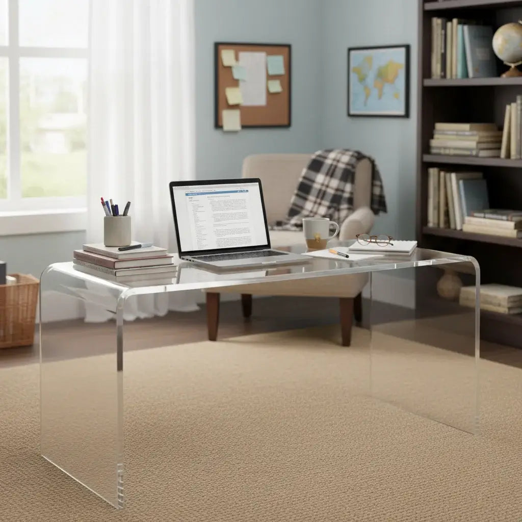 Clear Acrylic Waterfall Vanity Table enhancing a modern workspace with seamless design and elegant transparency.