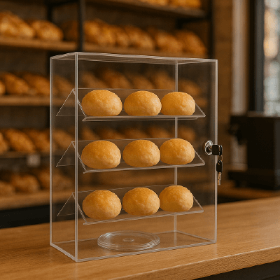 Countertop acrylic display case showcasing baked goods, perfect for retail and decor with secure locking feature.