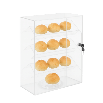 Clear acrylic countertop display case showcasing fresh rolls, perfect for retail and bakery settings.