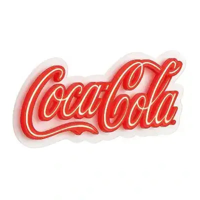 Custom Coca-Cola acrylic sign with red neon-style lettering and a white background.