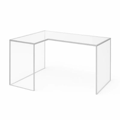 L-shaped clear acrylic desk offering modern elegance and functionality for any workspace.