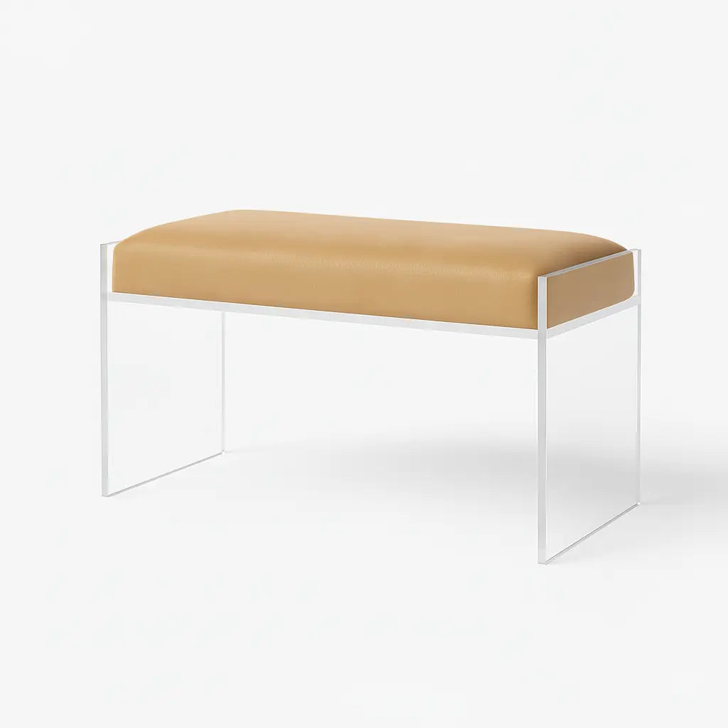 Modern Clear Acrylic Bench – Luxe Seating Saddle (Camel) - Vegan Leather