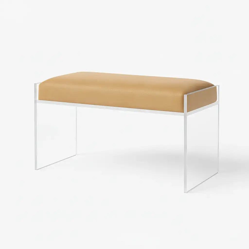 Modern Clear Acrylic Bench – Luxe Seating Saddle (Camel) - Vegan Leather