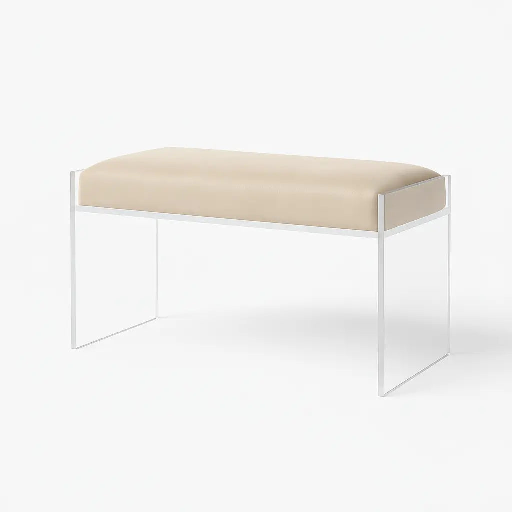 Modern Clear Acrylic Bench – Luxe Seating Oatmeal - Performance Fabric