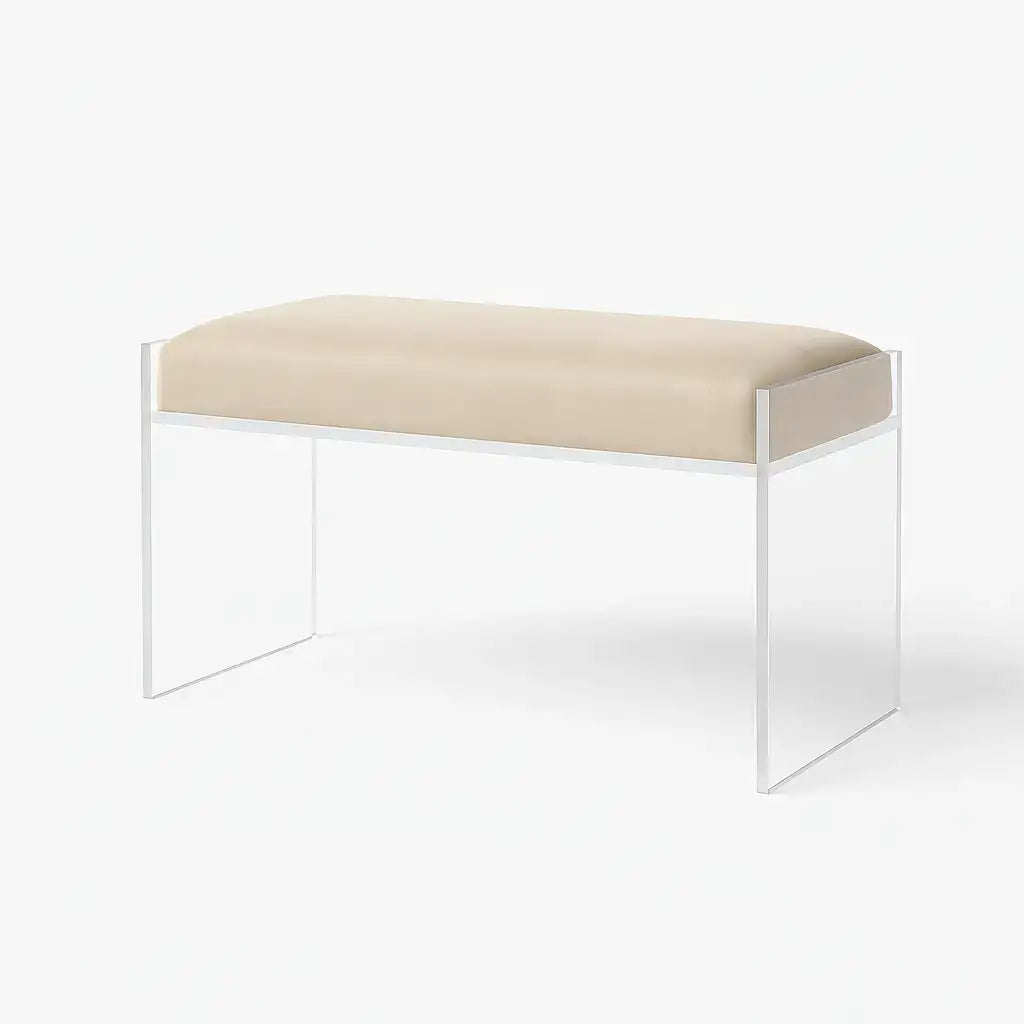 Modern Clear Acrylic Bench – Luxe Seating Oatmeal - Performance Fabric