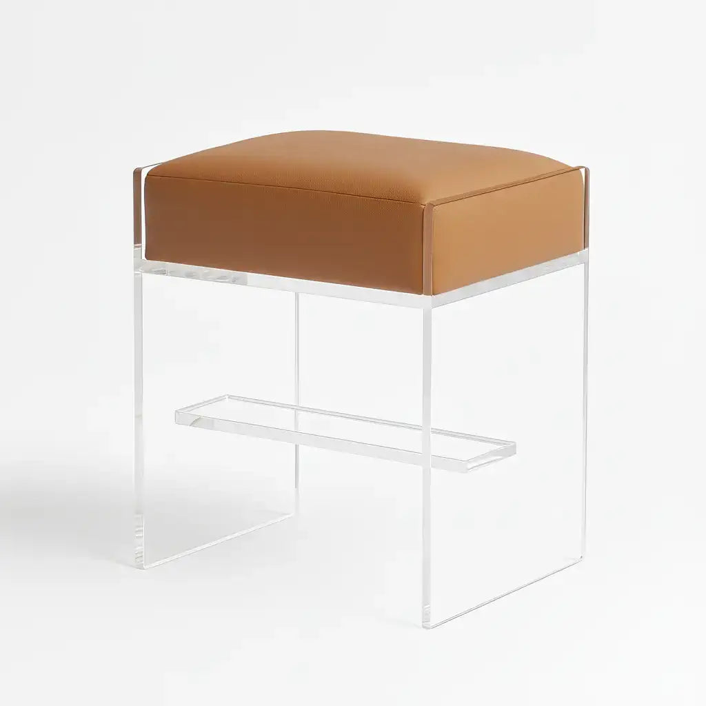 Modern Acrylic Bar Stool – Clear Design 1" Saddle (Camel) - Vegan Leather