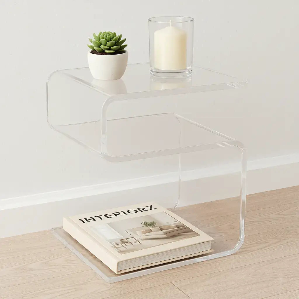Modern S-curve acrylic furniture end table by South Florida Acrylics with a succulent and candle.