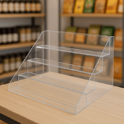 Multi-tier acrylic display stand for showcasing collectibles, made from high-quality clear acrylic.