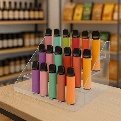 Multi-tier acrylic display stand showcasing colorful vape pens in a retail store for optimal visibility.