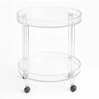 Round acrylic bar cart on wheels, perfect for stylish entertaining and organizing drinks in modern décor.