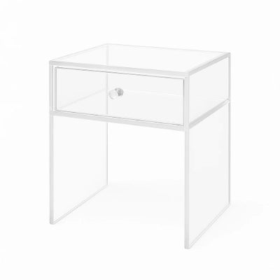 Stylish single-drawer acrylic nightstand for modern bedrooms, featuring a clear design and compact storage.