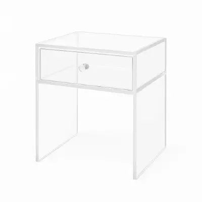 Stylish single-drawer acrylic nightstand for modern bedrooms, featuring a clear design and compact storage.