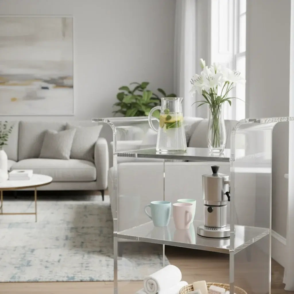 Clear Acrylic Rolling Bar Cart adorned with a pitcher and mugs in a modern living room setting.
