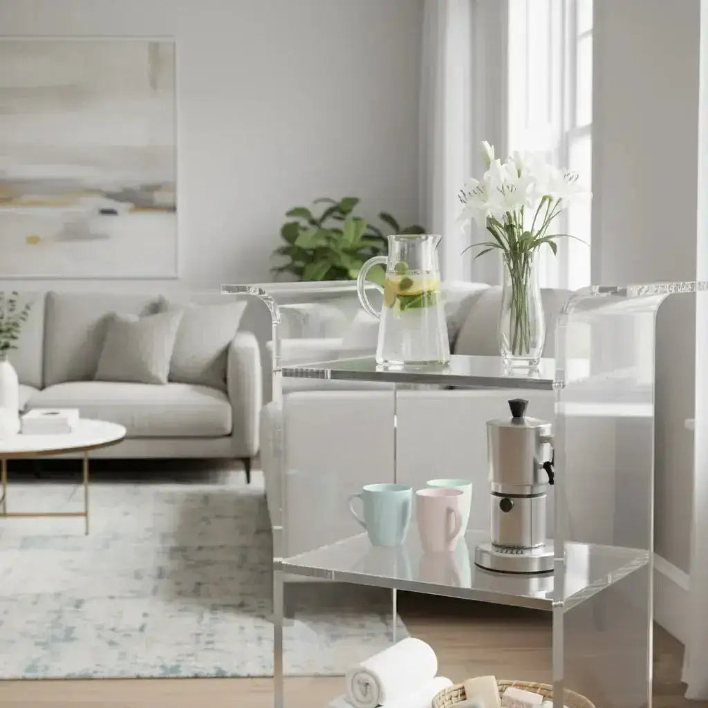 Modern clear acrylic furniture featuring a two-tier acrylic display stand with a pitcher and mugs in a living room.