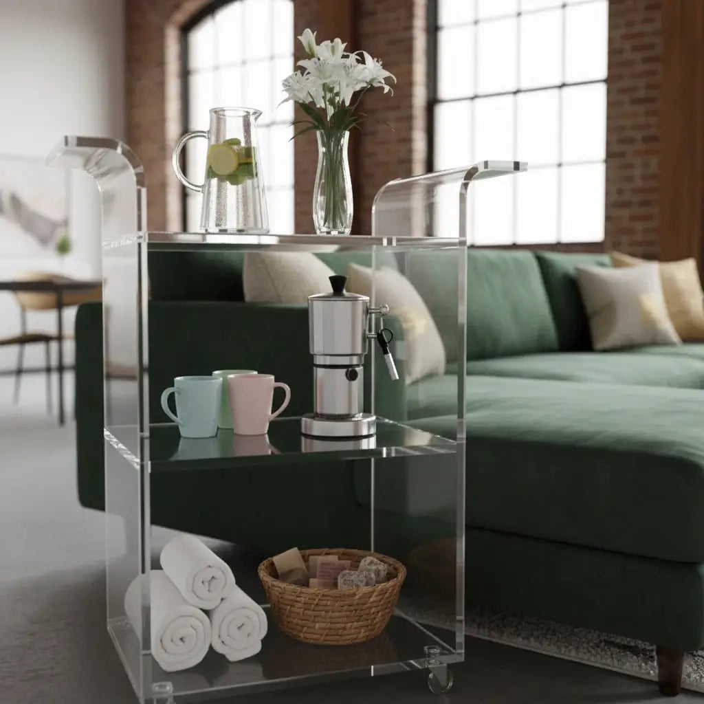 Clear Acrylic Rolling Bar Cart featuring drinks and decor, complementing a modern living room.