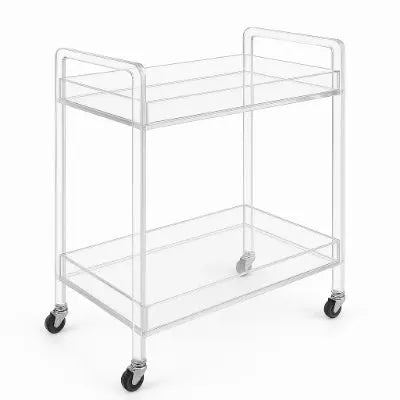 Modern two-tier acrylic bar cart on wheels, perfect for serving drinks and organizing decorative items.