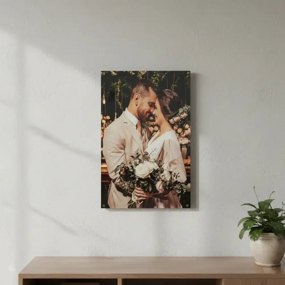 Custom UV printing on a premium acrylic display featuring a wedding portrait.