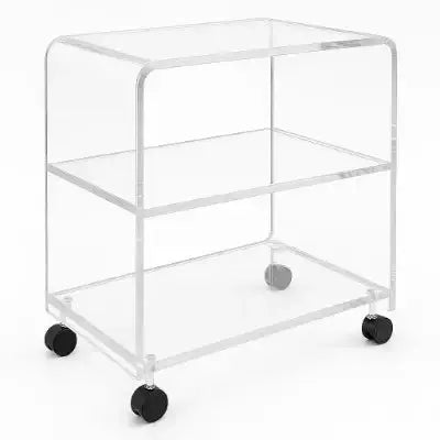 Clear acrylic waterfall-style bar cart with wheels, perfect for serving drinks and appetizers elegantly.