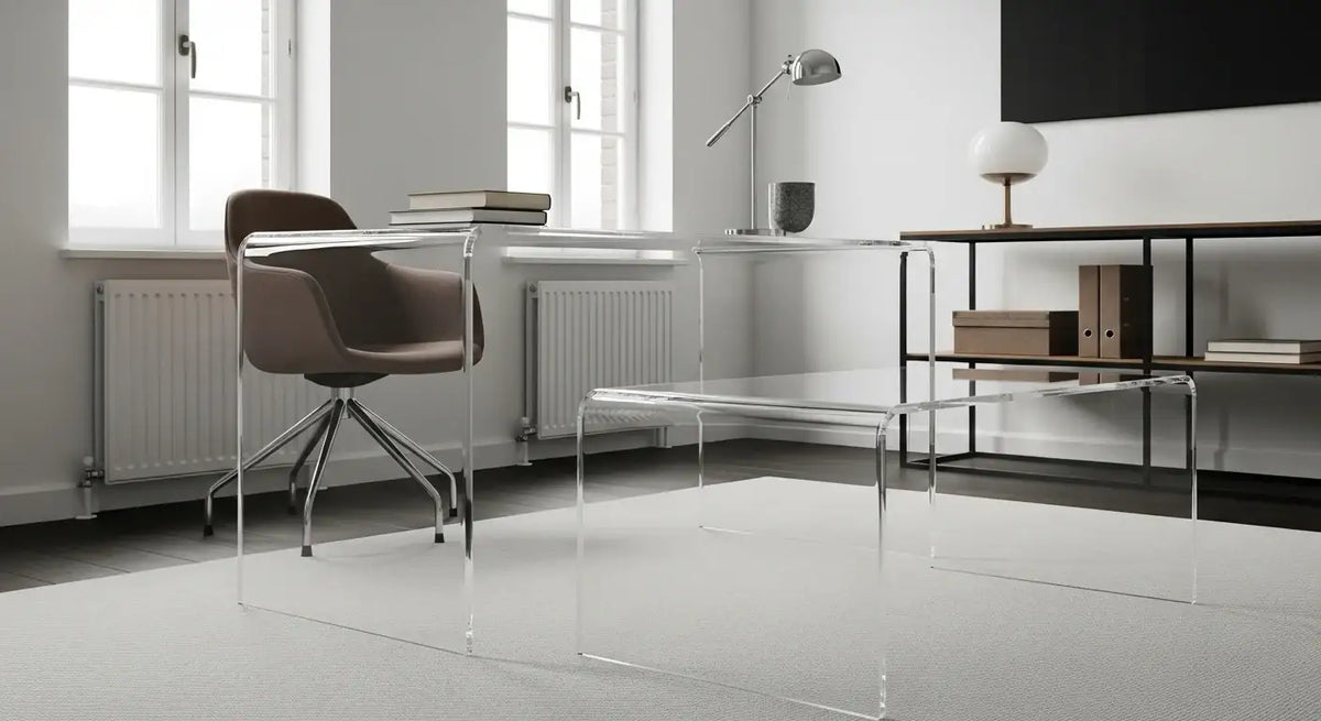Modern clear acrylic furniture set including a desk and coffee table in a minimalist white room.