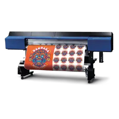 Industrial UV printing machine producing custom colorful graphic decals on a roll.