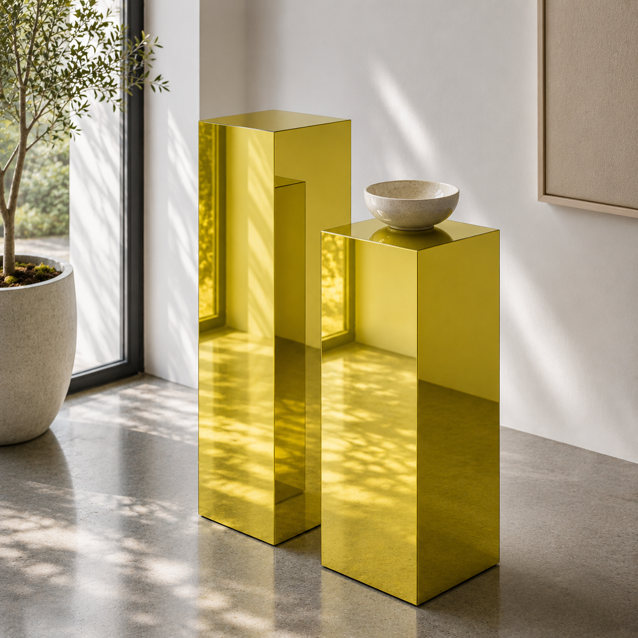 Yellow Mirror Acrylic Pedestal – Reflective Display Stand