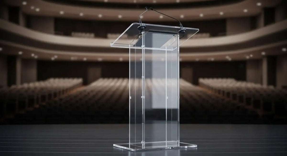 Clear custom acrylic podium with a microphone in a modern auditorium setting.