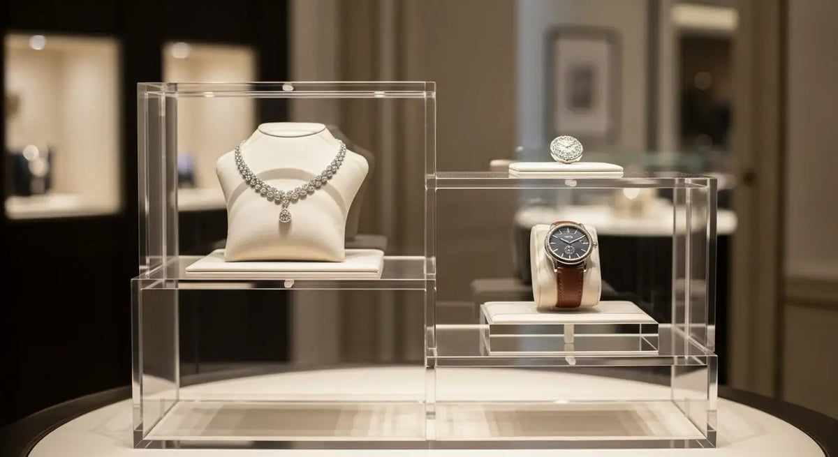 Custom acrylic displays for luxury jewelry and watches in a retail setting.