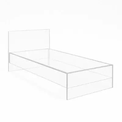 Modern clear acrylic bed frame with hidden storage compartments for a stylish bedroom.