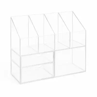 Clear acrylic desktop organizer with multiple compartments for efficient office supply storage.