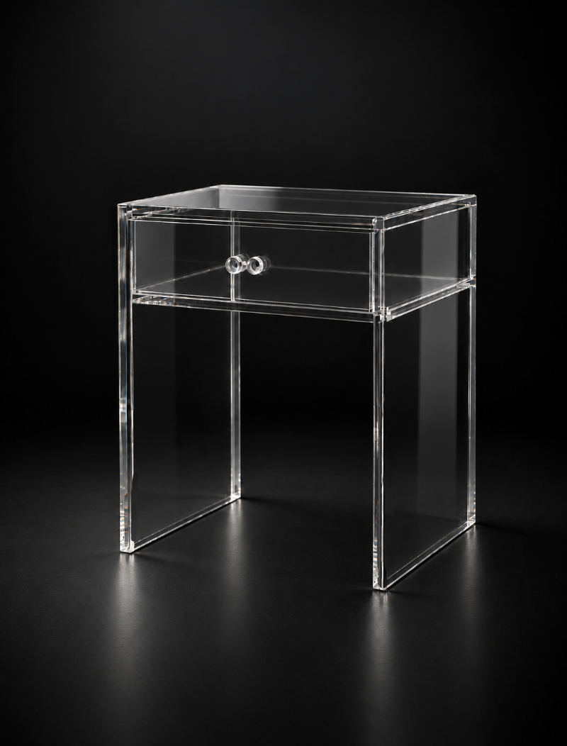 Clear acrylic nightstand with a single drawer and polished transparent edges on a black background