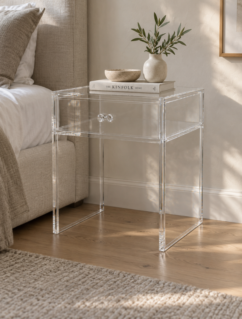 Clear acrylic nightstand with drawer beside an upholstered bed in a modern bedroom