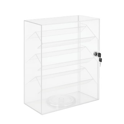 Clear acrylic countertop display case with base and lock, ideal for retail and decor settings.