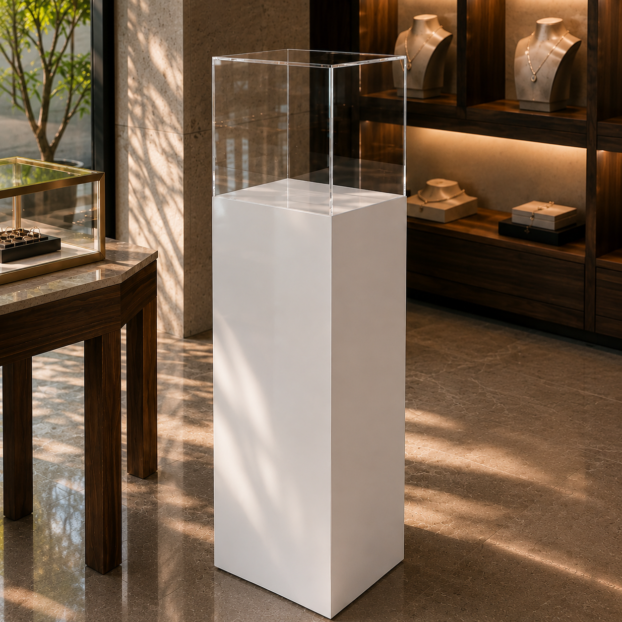 Acrylic Display Pedestal with Clear Cover – White & Black Display Cases
