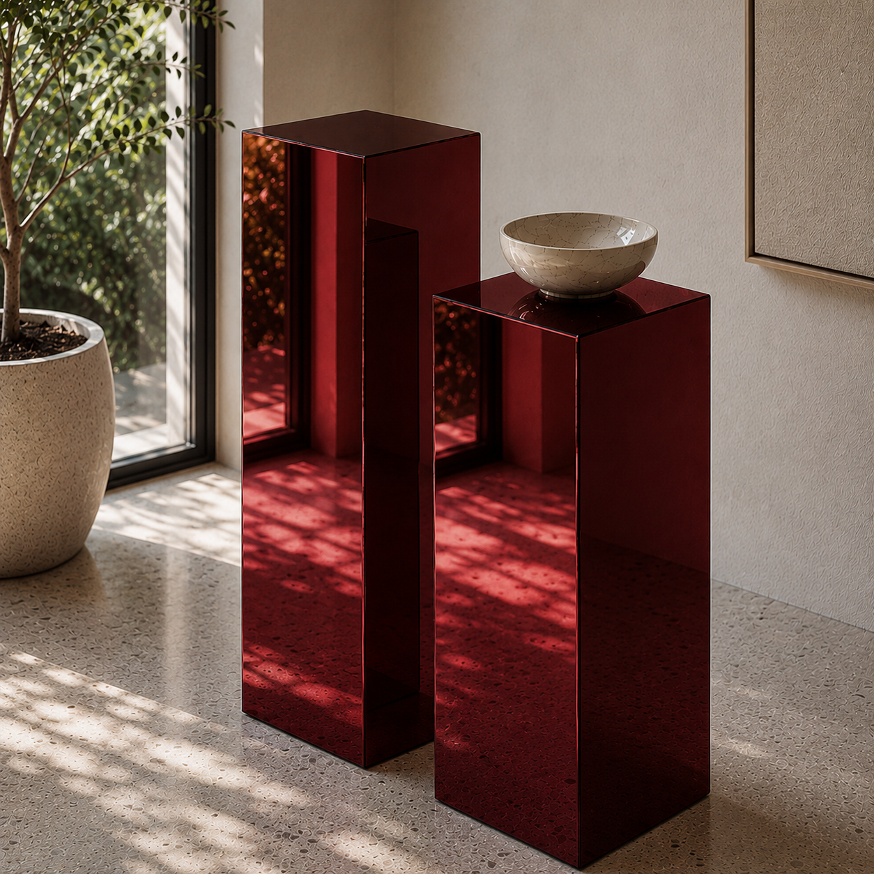 Dark Red Mirror Acrylic Pedestal – Reflective Display Stand