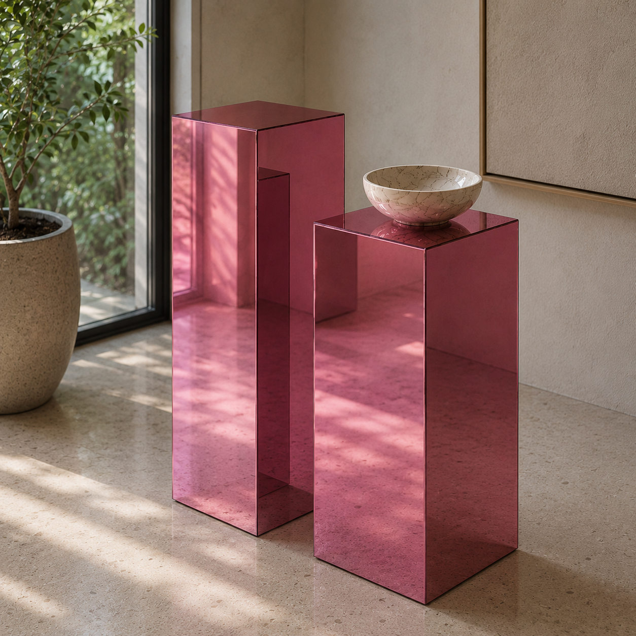 Pink Mirror Acrylic Pedestal – Reflective Display Stand